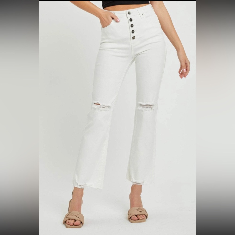 Risen Jill Straight Ankle High Rise White Button Fly Distressed Jeans Size 3